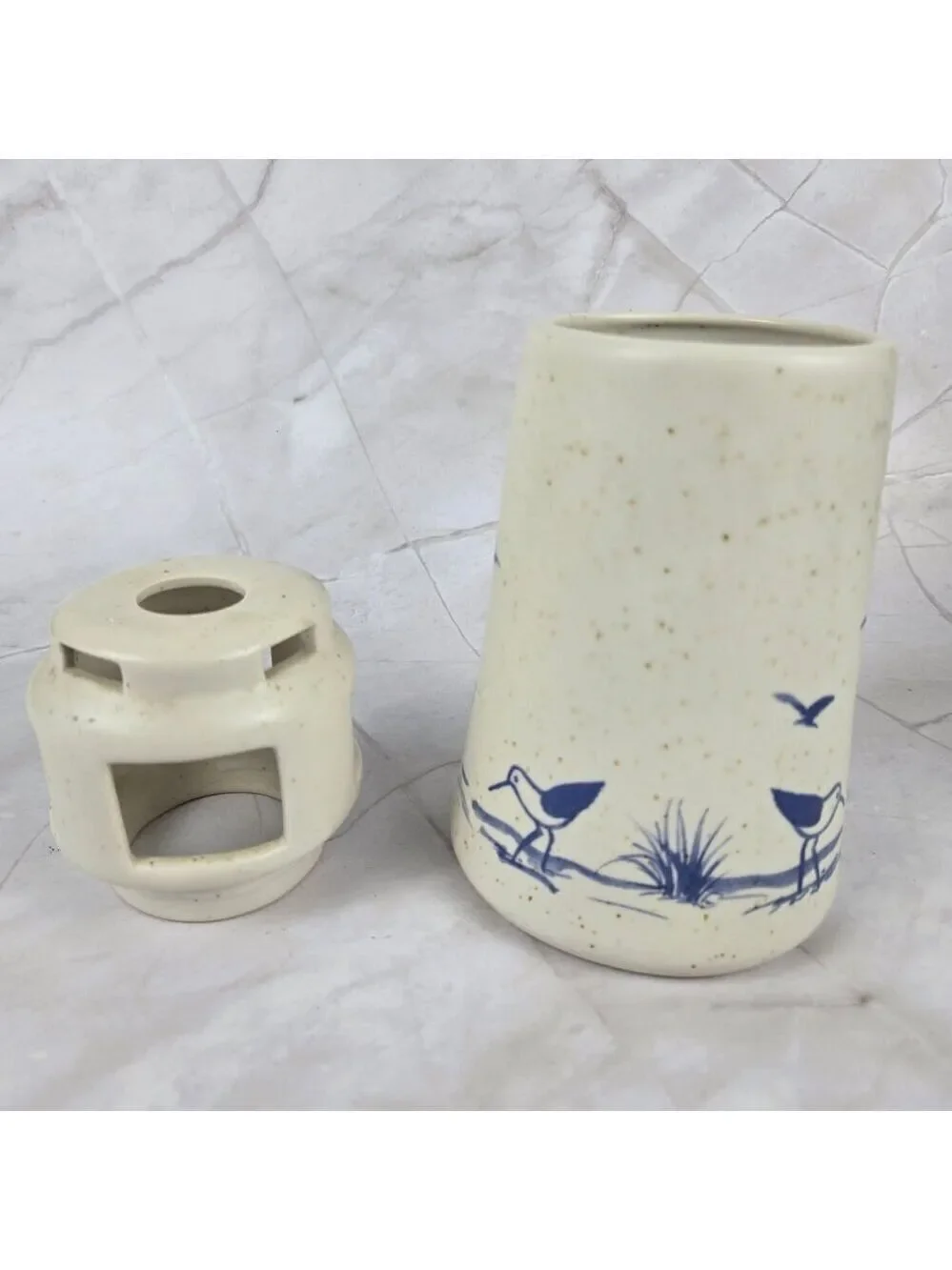Vintage Sanibel Pottery 1984 Lighthouse Candle Holder Seabirds Cream Blue